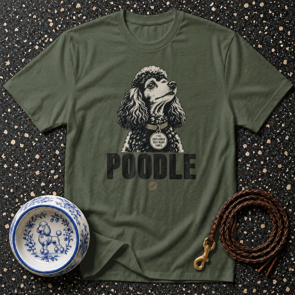 Olive t-shirt with poodle graphic and text "POODLE."