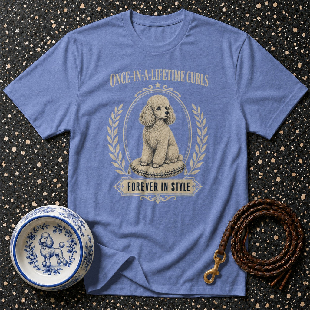 Blue t-shirt with poodle graphic and text "Once-in-a-Lifetime Curls, Forever in Style."