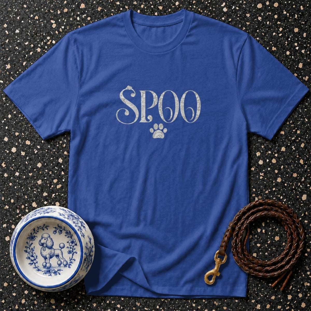 Blue t-shirt with "SPOO" and paw print graphic, dog bowl, and leash.