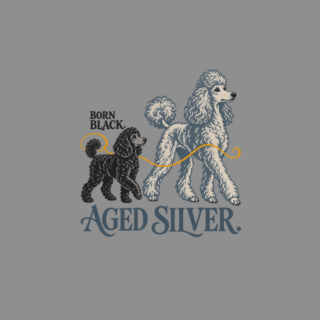Black poodle with "BORN BLACK." text, next to silver poodle with "AGED SILVER." text.