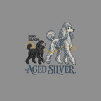 Black poodle with "BORN BLACK." text, next to silver poodle with "AGED SILVER." text.