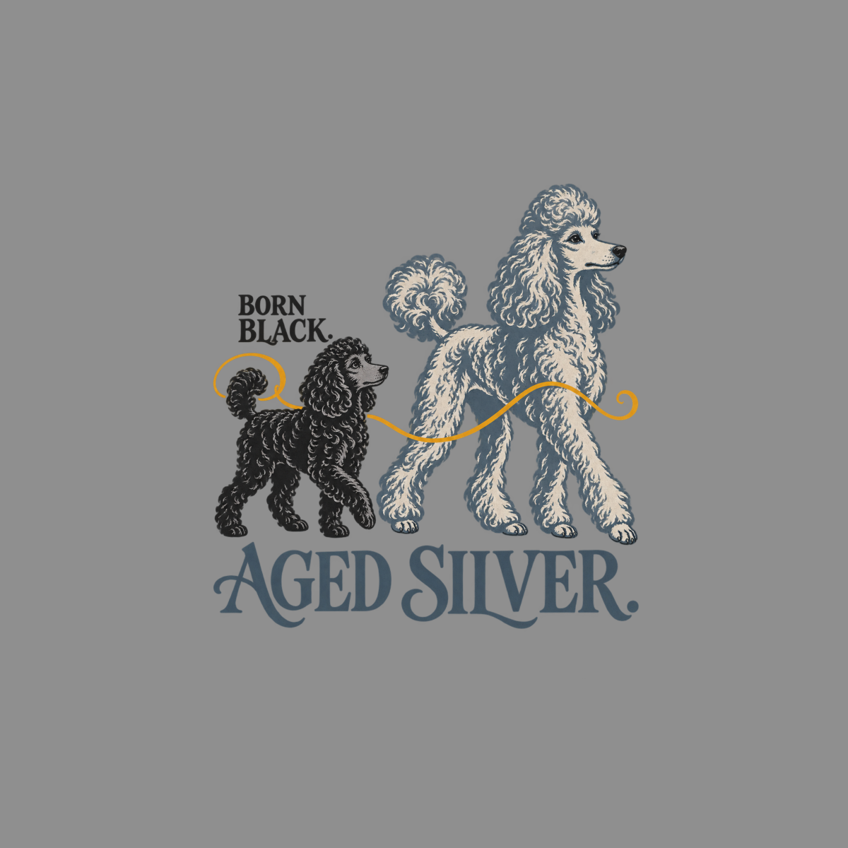 Black poodle with "BORN BLACK." text, next to silver poodle with "AGED SILVER." text.