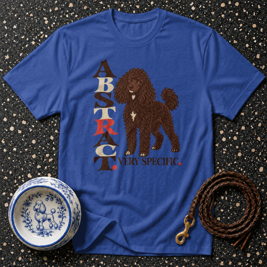 Blue t-shirt with brown poodle graphic and "ABSTRACT VERY SPECIFIC" text.