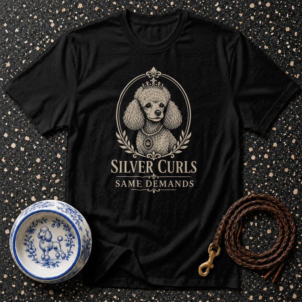 Black t-shirt with "Silver Curls Same Demands" text and poodle graphic.