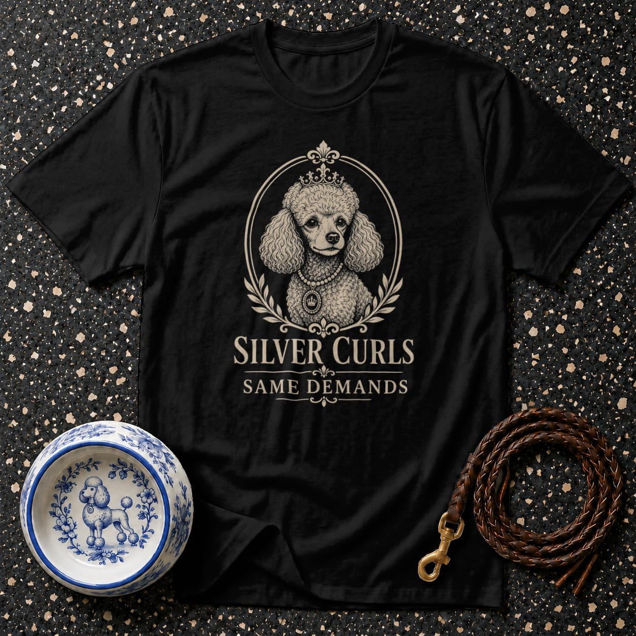 Black t-shirt with "Silver Curls Same Demands" text and poodle graphic.