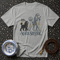 Grey t-shirt with "Born Black. Aged Silver." and two poodles.
