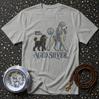 Grey t-shirt with "Born Black. Aged Silver." and two poodles.