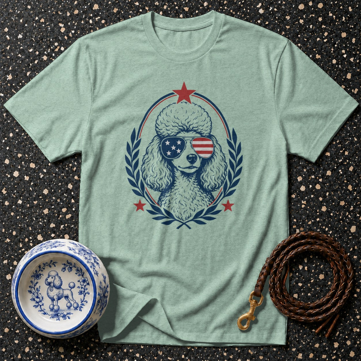 Light green t-shirt with patriotic poodle graphic and stars.