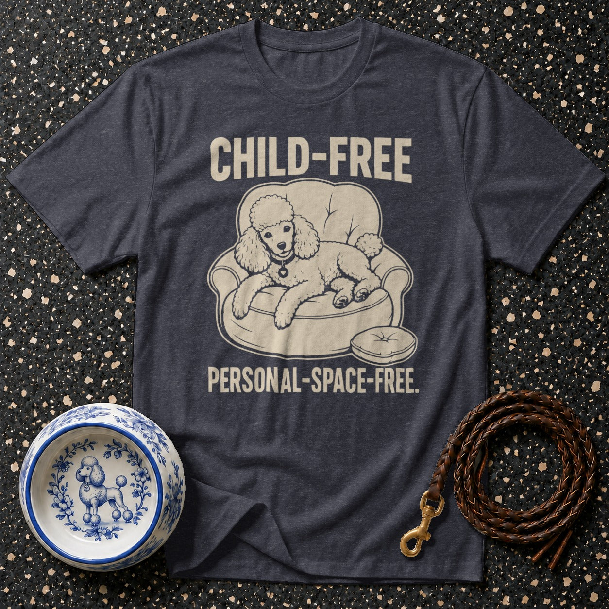 Dark blue t-shirt with a poodle on a couch graphic and text.