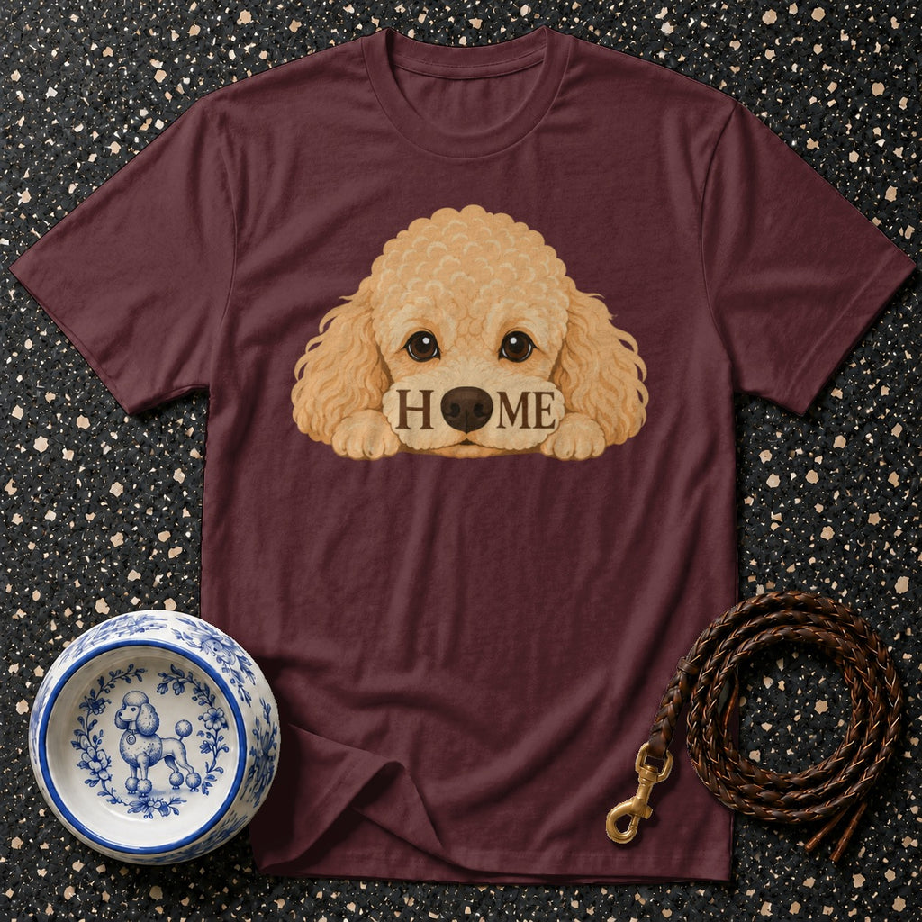 Maroon t-shirt with a poodle graphic spelling "HOME" across its muzzle.