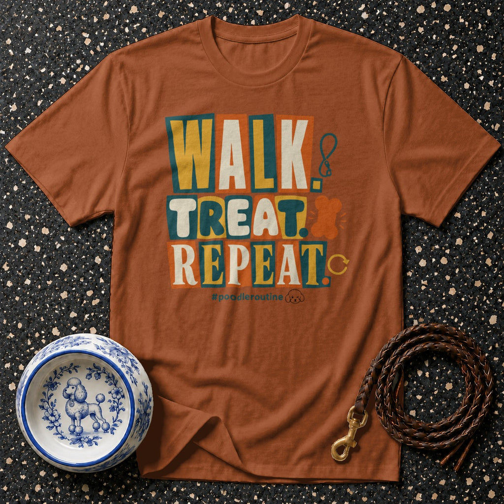 Brown t-shirt with "WALK TREAT REPEAT" text and poodle icons.