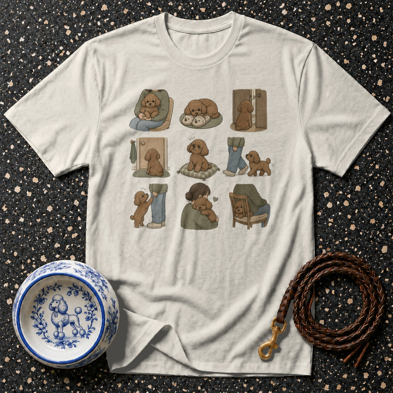 Cream t-shirt featuring a nine-panel illustrated print of toy poodles.
