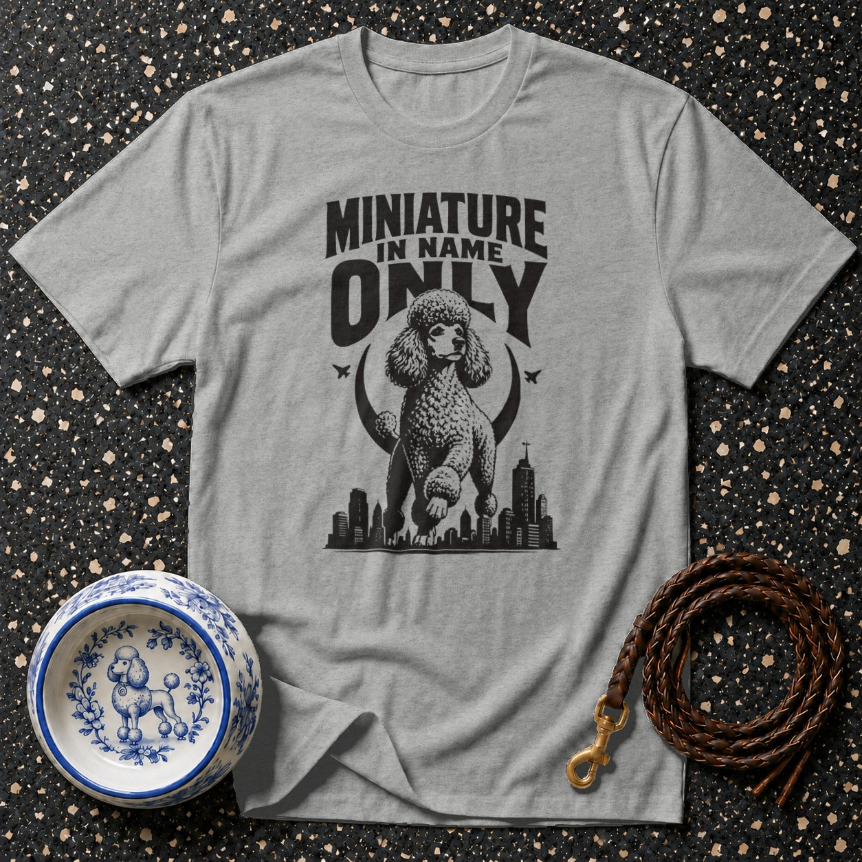 Grey t-shirt with poodle illustration and text "Miniature in Name Only".