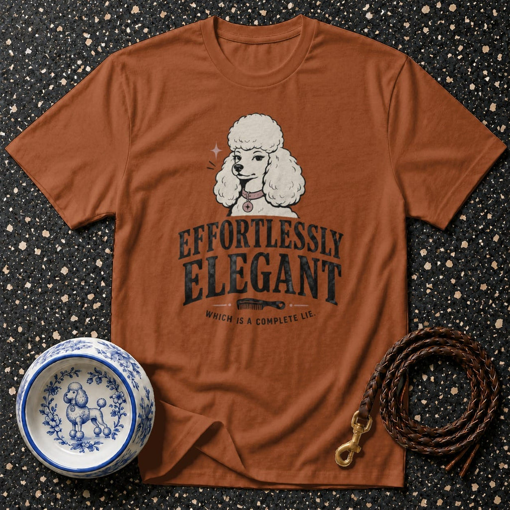 Brown t-shirt with poodle graphic and text "Effortlessly Elegant."