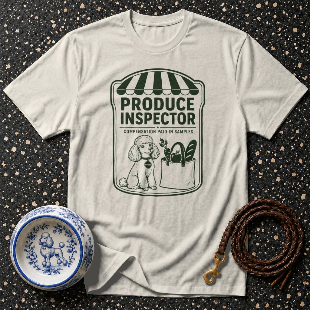 White t-shirt with "Produce Inspector" and poodle graphic.