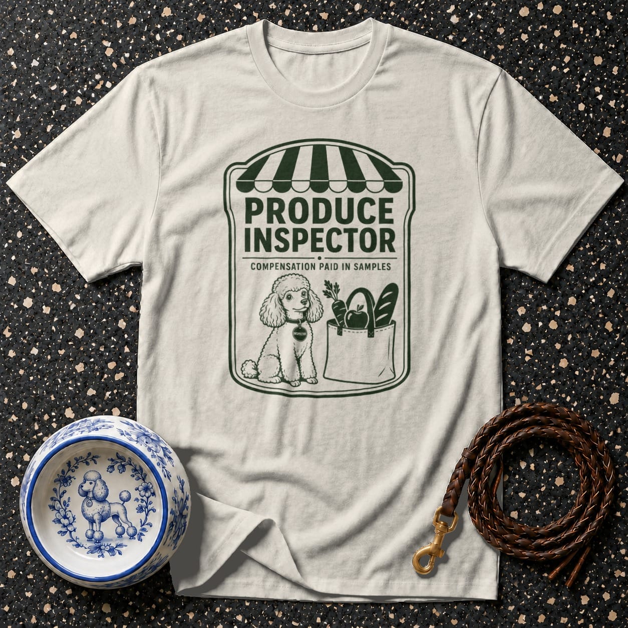 White t-shirt with "Produce Inspector" and poodle graphic.