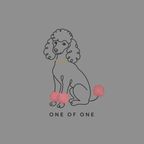 Line drawing of a poodle wearing a gold necklace, with pink pom-poms on paws and tail. Text "ONE OF ONE".