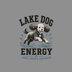 Poodle running through water with "Lake Dog Energy, Curls, Chaos & Cold Water" text.