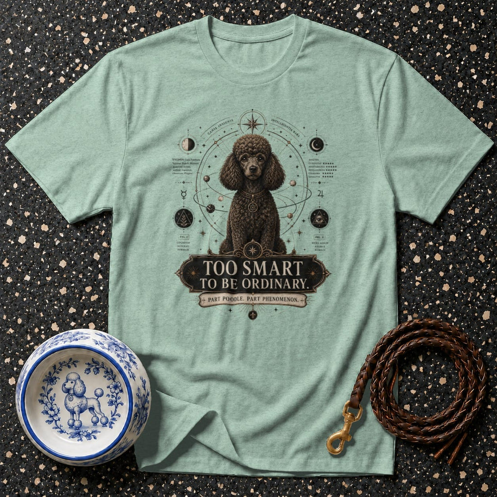 Light blue t-shirt with a poodle and text "TOO SMART TO BE ORDINARY. PART POODLE. PART PHENOMENON."