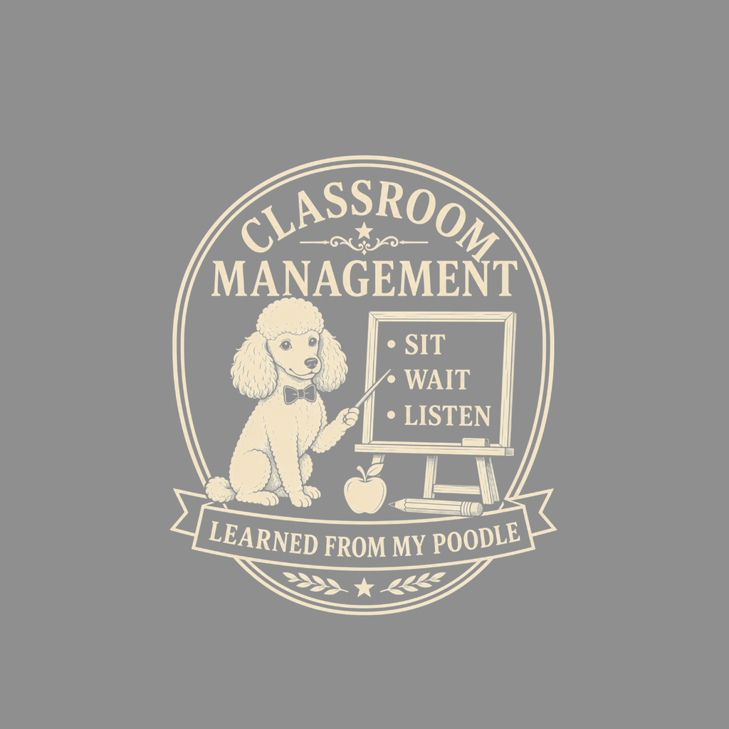 Poodle with bow tie pointing at chalkboard with "Sit, Wait, Listen".