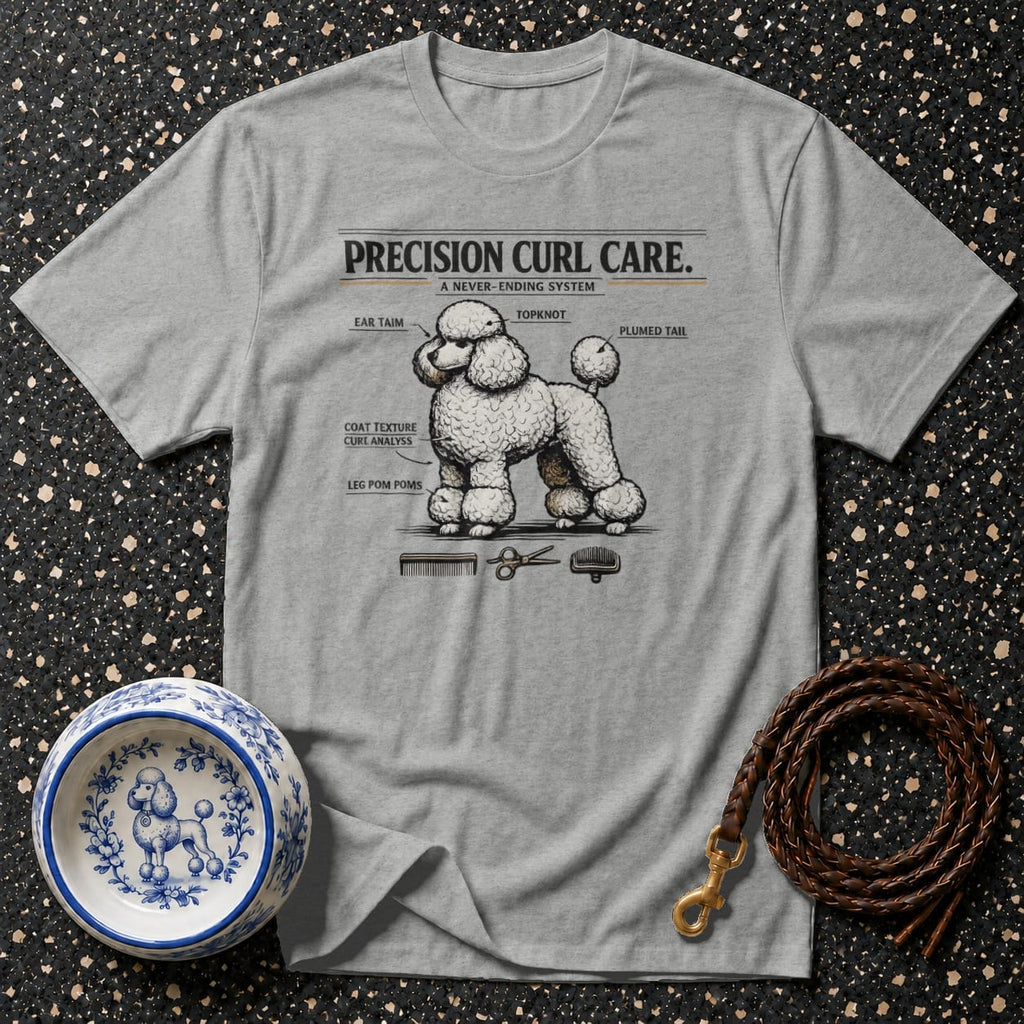 Grey t-shirt with diagram of a poodle's grooming points, labeled "Precision Curl Care."