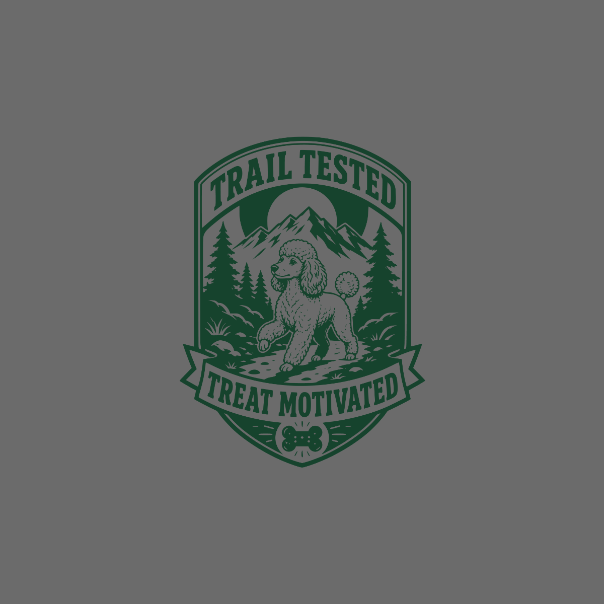 Poodle on trail with mountains, pine trees, and text "Trail Tested Treat Motivated".
