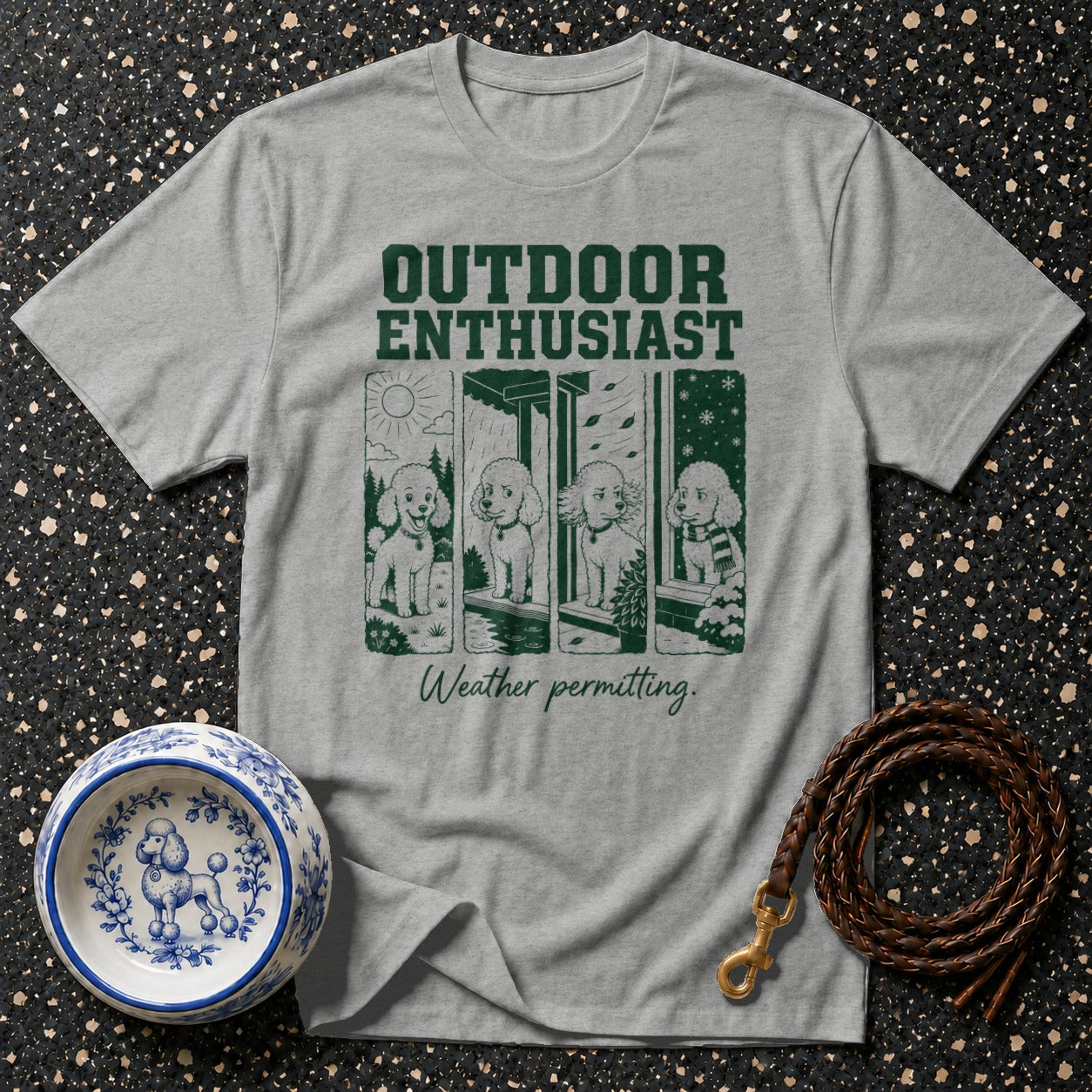 Grey t-shirt with "Outdoor Enthusiast" text and four poodles in different weather.