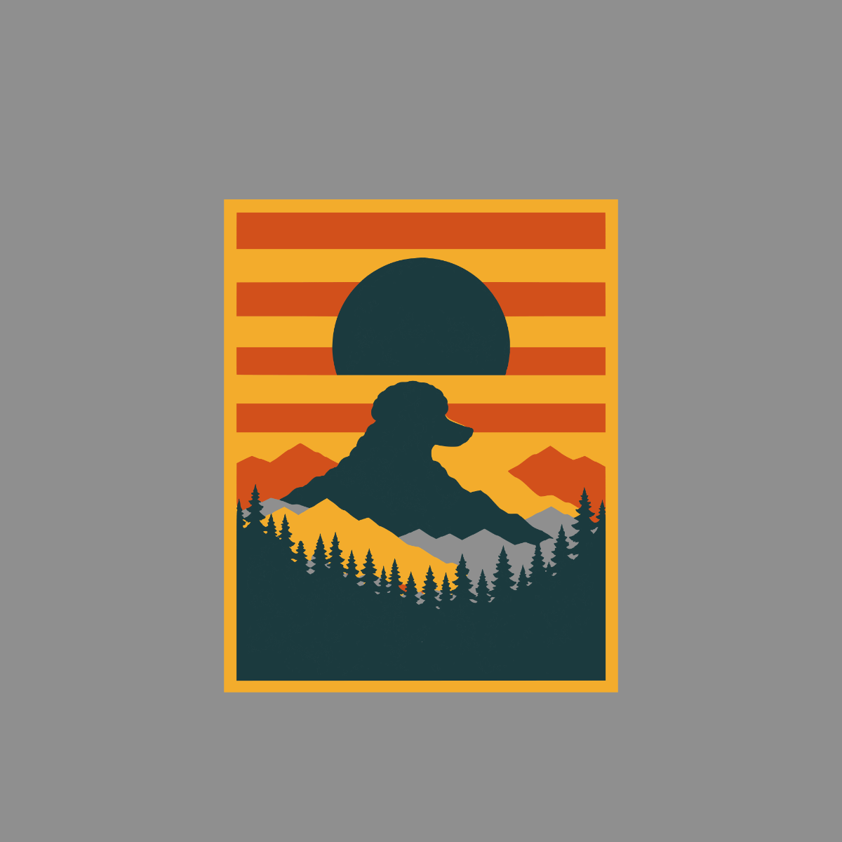 Silhouette of a poodle on a mountain against a sunset with striped sky.