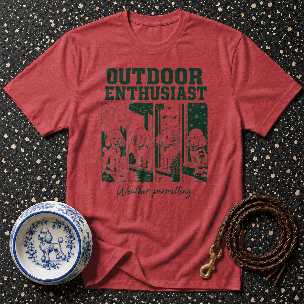 Red t-shirt with "OUTDOOR ENTHUSIAST" and poodles in windows illustration.