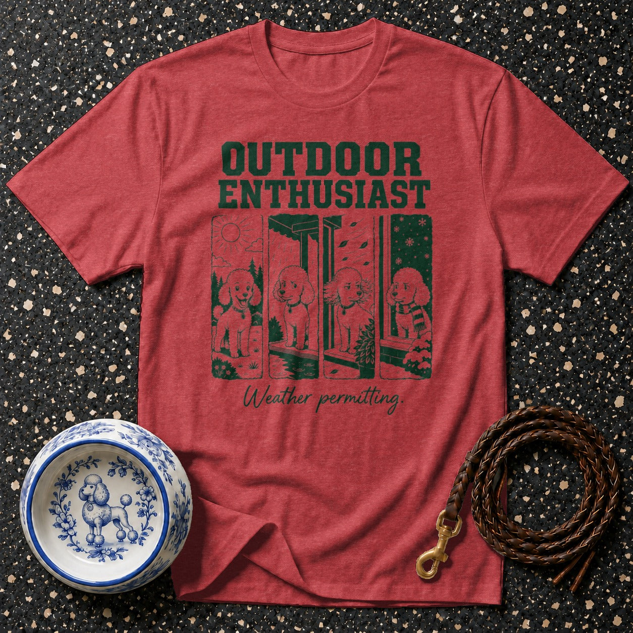 Red t-shirt with "OUTDOOR ENTHUSIAST" and poodles in windows illustration.