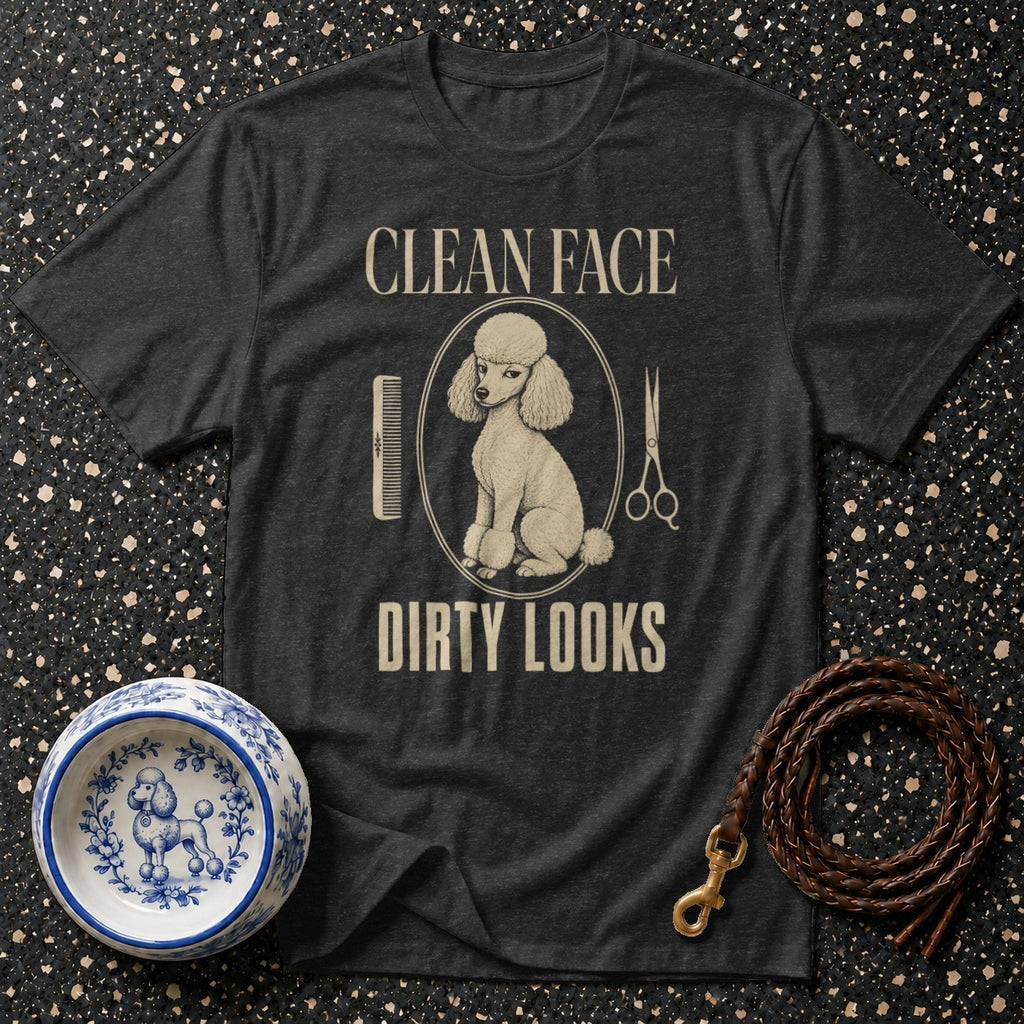 Dark gray t-shirt with a poodle graphic and "CLEAN FACE DIRTY LOOKS" text.