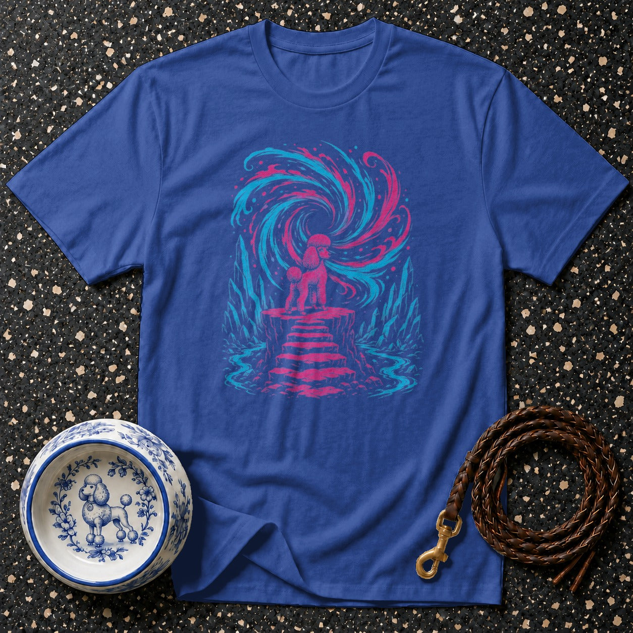 Blue t-shirt with a poodle in a swirling vortex design.