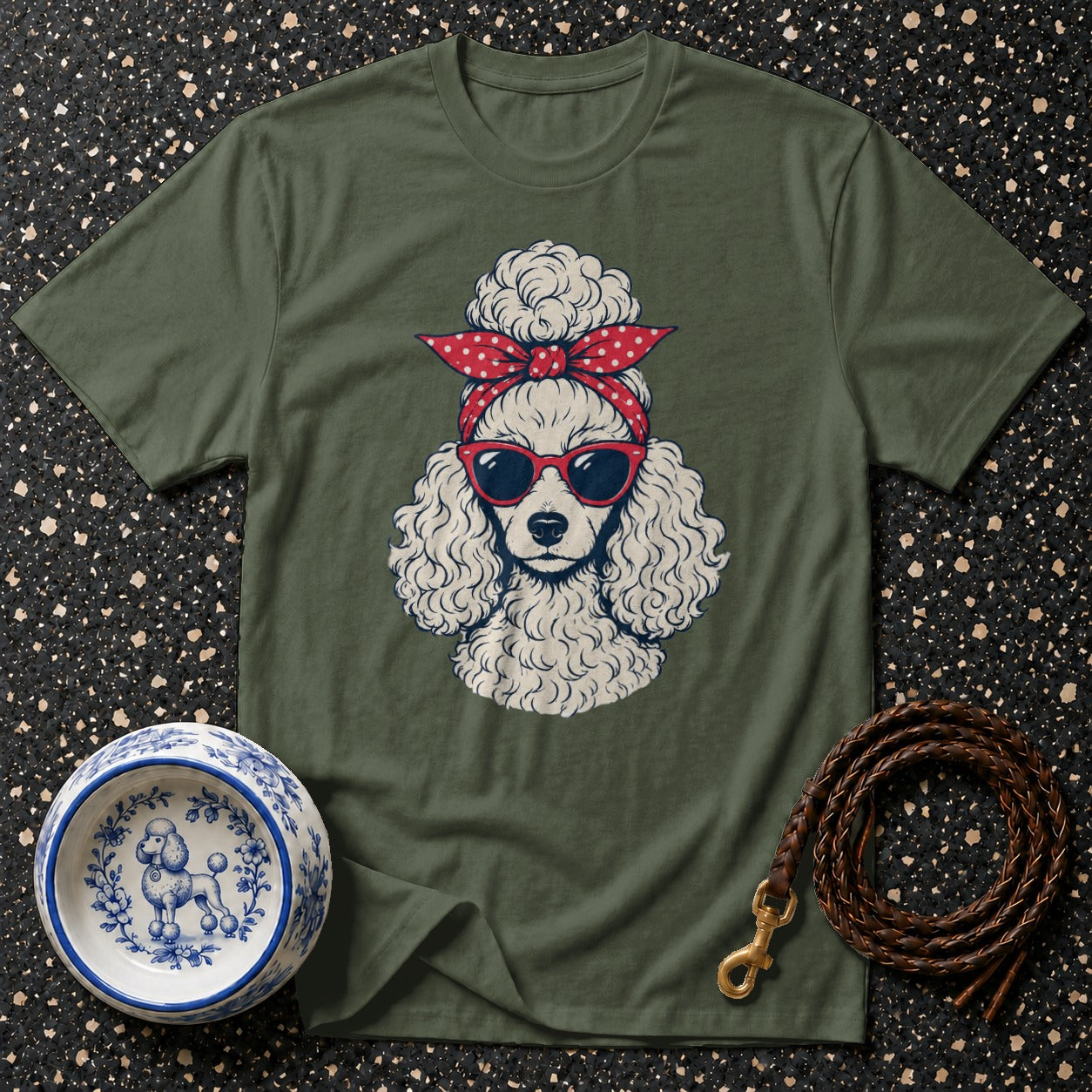 Olive green t-shirt with a poodle wearing sunglasses and bandana illustration.