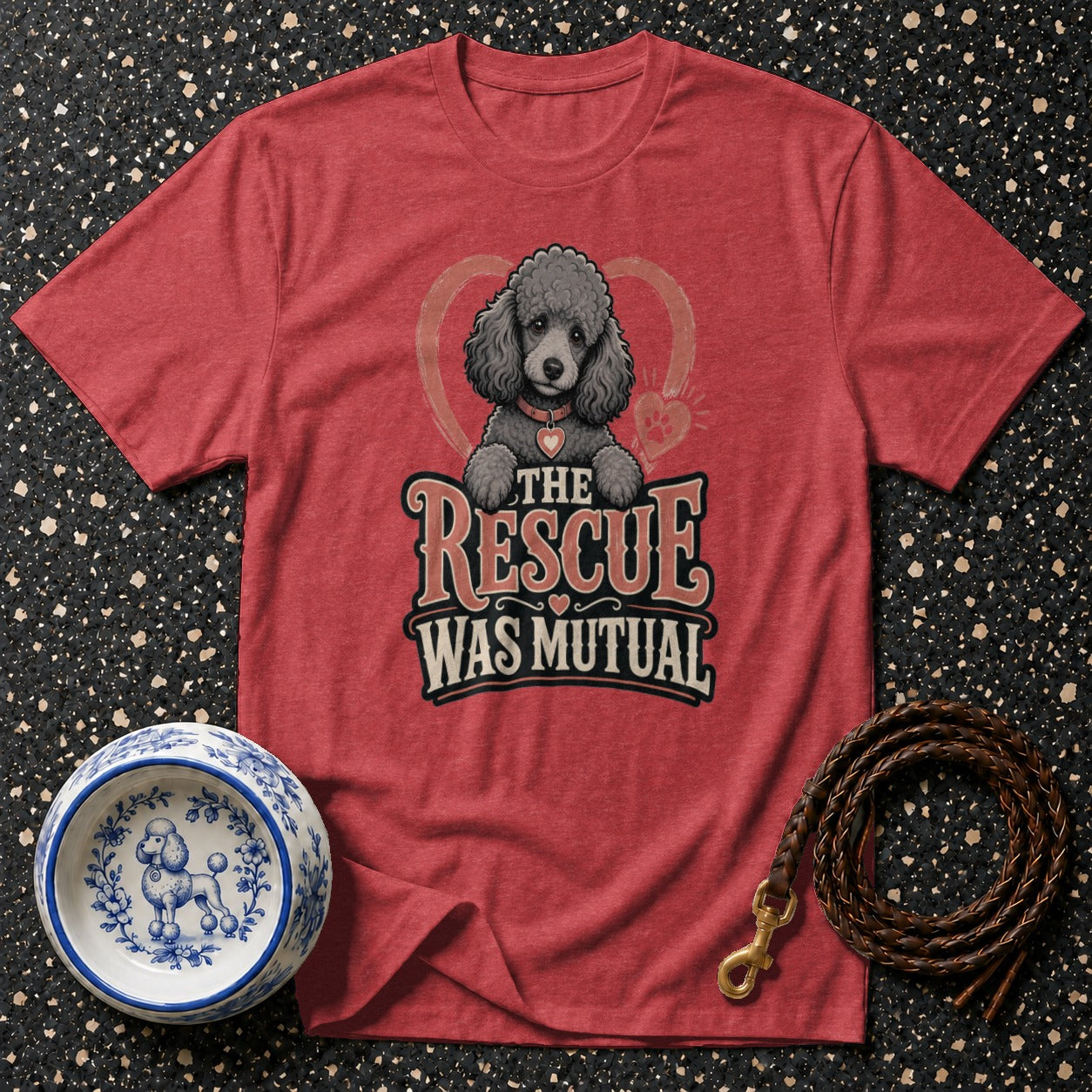 Red t-shirt with grey poodle graphic and text "The Rescue Was Mutual."