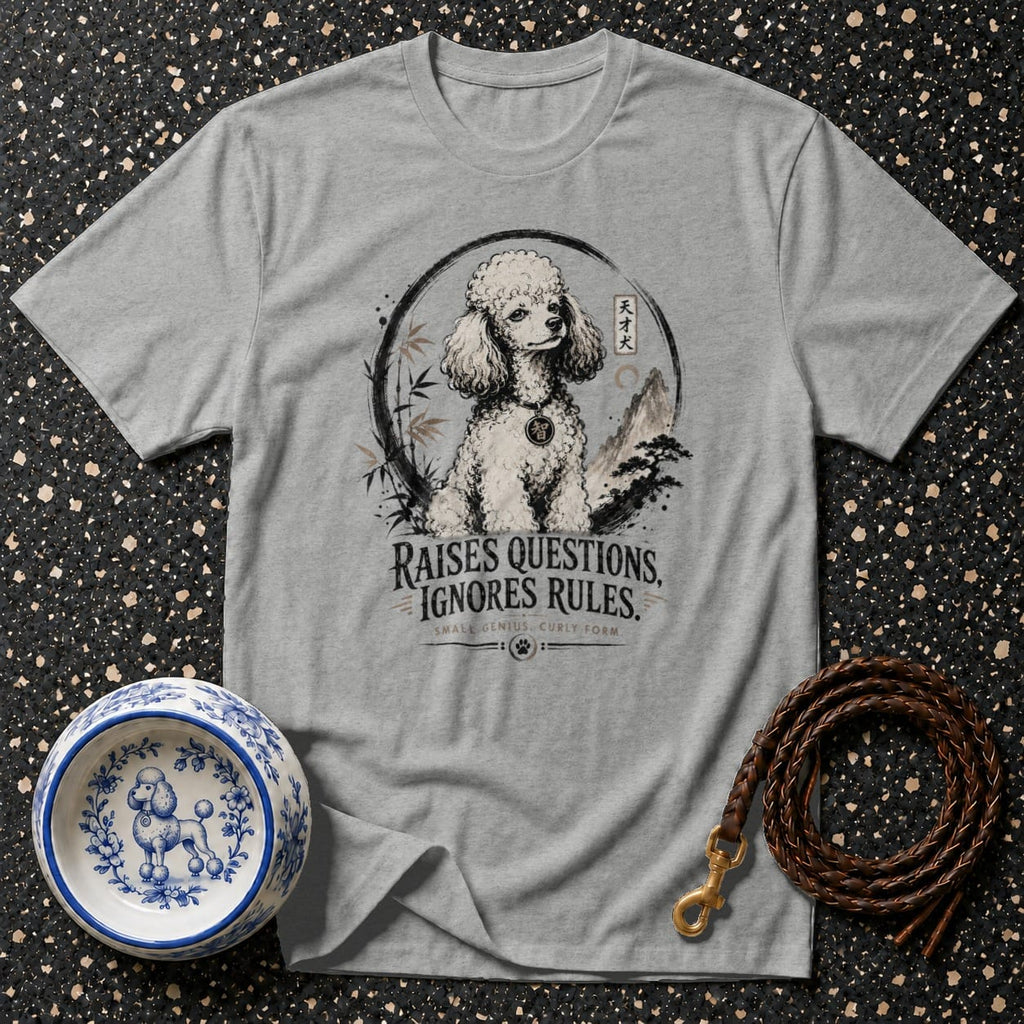 Gray t-shirt with a stylized poodle illustration and Japanese text.
