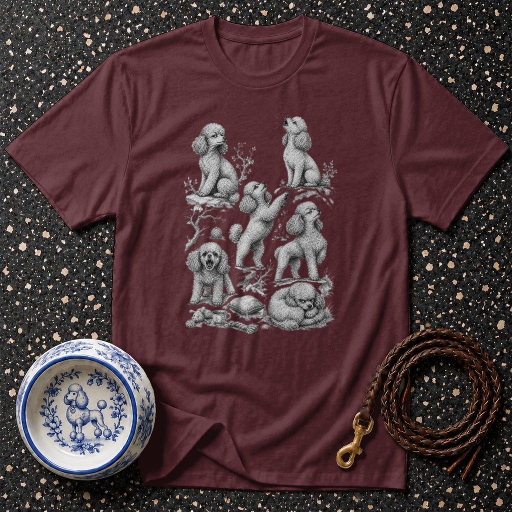 Maroon t-shirt with a charcoal sketch of multiple poodles in various poses.