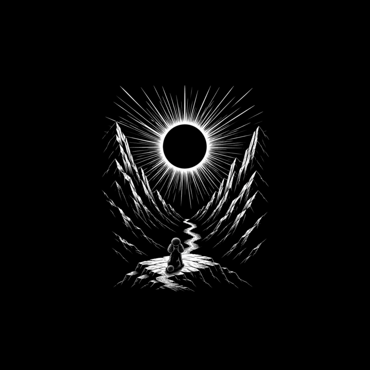 A figure kneels before a solar eclipse in a dramatic mountain landscape.
