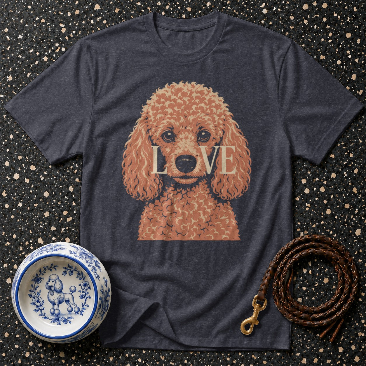 T-shirt with a poodle graphic and the word "LOVE", alongside a dog bowl and leash.