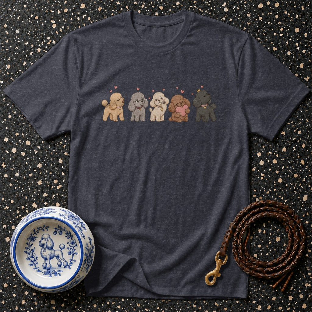 Dark heather t-shirt with a line of five cartoon poodles and small hearts above.