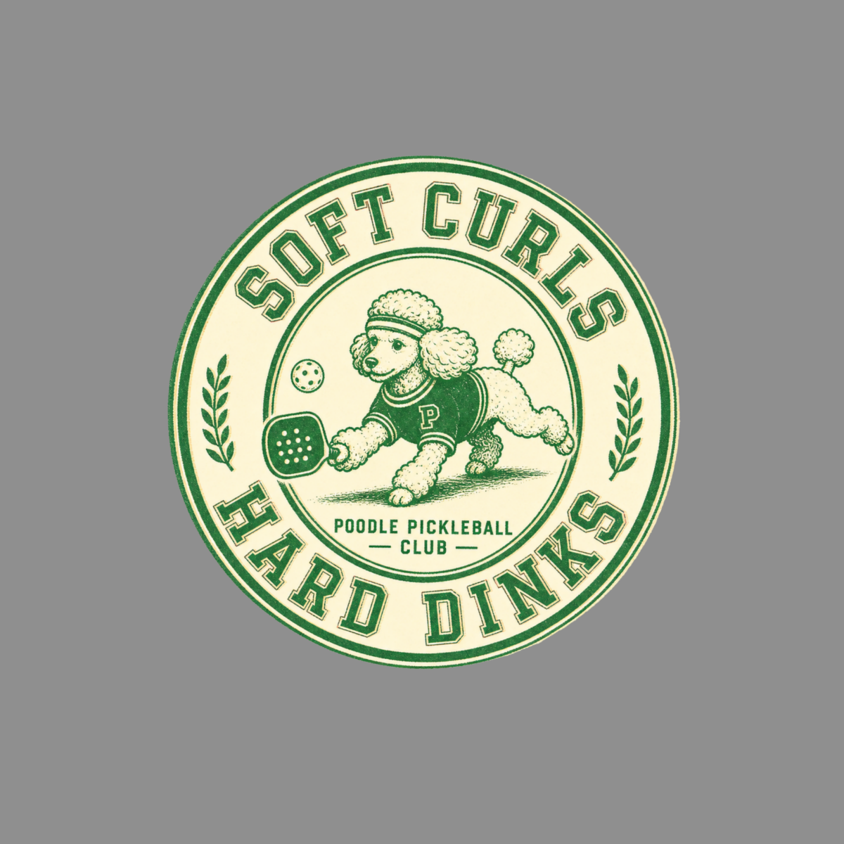 Poodle playing pickleball with "Soft Curls Hard Dinks" text.