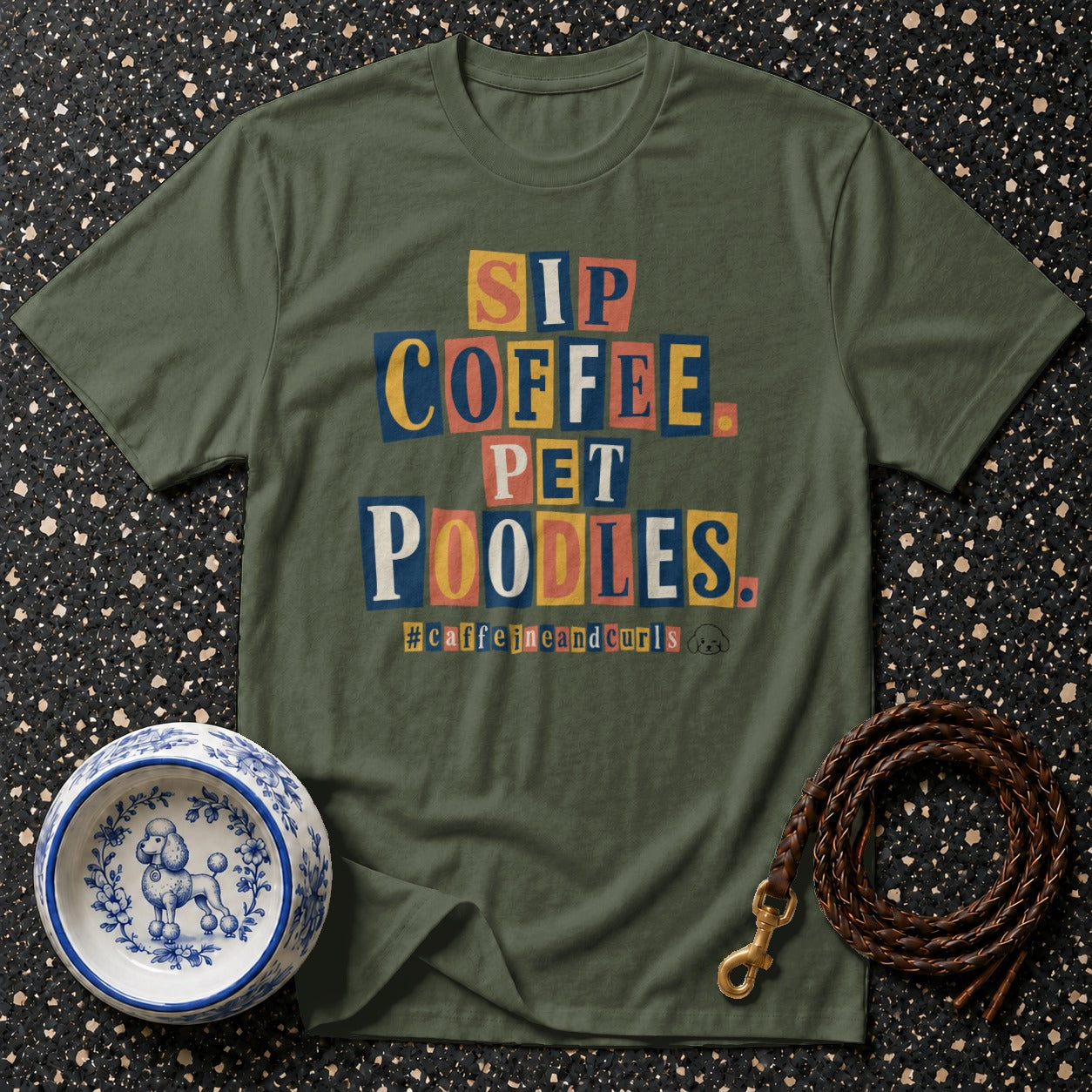 Olive green t-shirt with "SIP COFFEE PET POODLES" text and #caffeineandcurls hashtag.