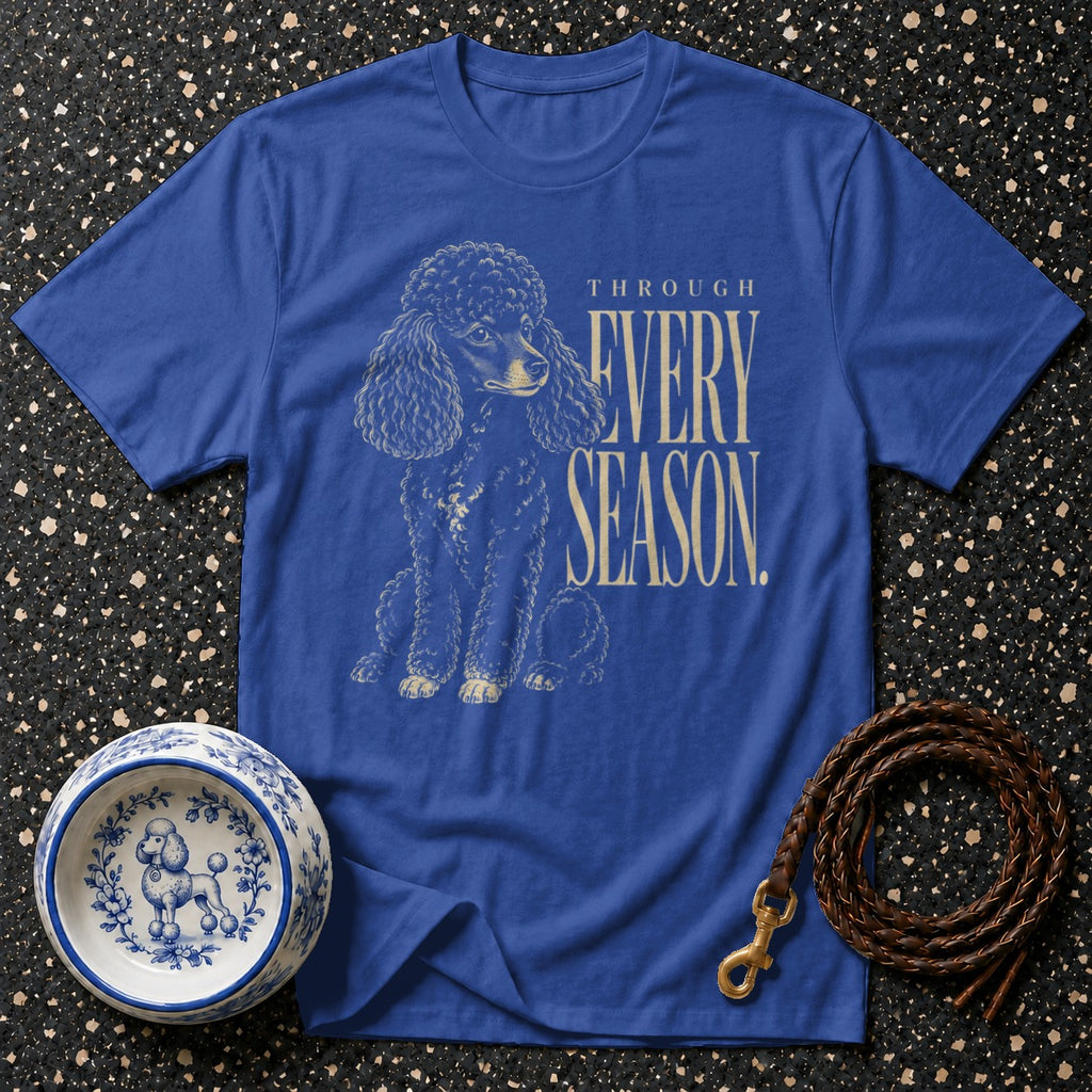Blue t-shirt with a poodle illustration and "Through Every Season" text.