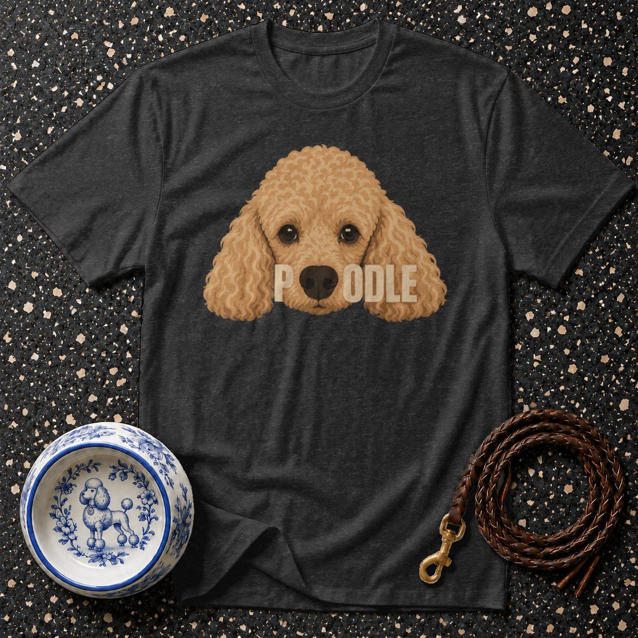 Dark grey t-shirt with a cartoon poodle face and the word "POODLE".
