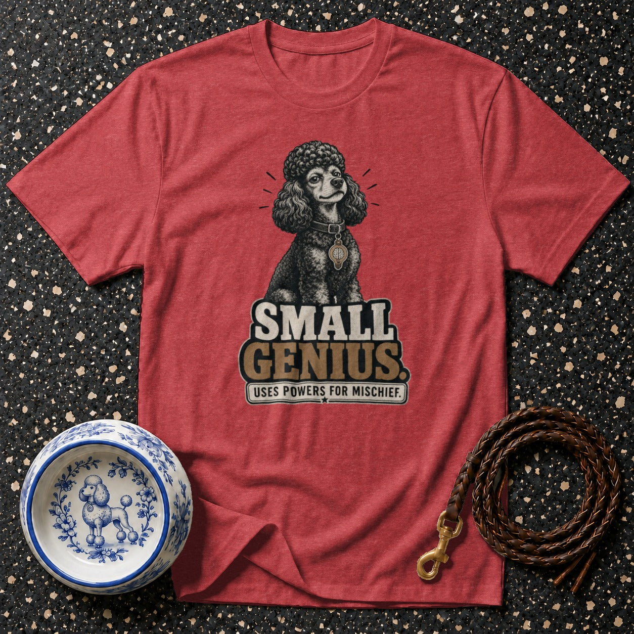 Red t-shirt with a black poodle graphic and "Small Genius Uses Powers for Mischief" text.