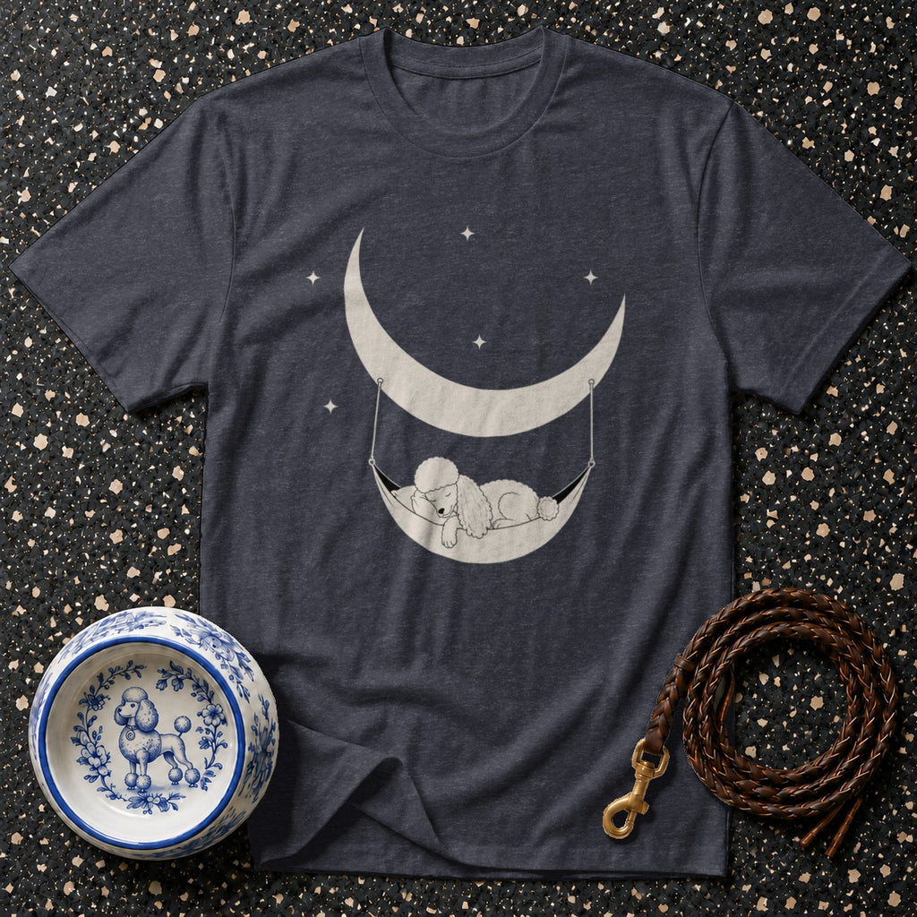 Dark grey t-shirt with a sleeping poodle in a crescent moon hammock graphic.