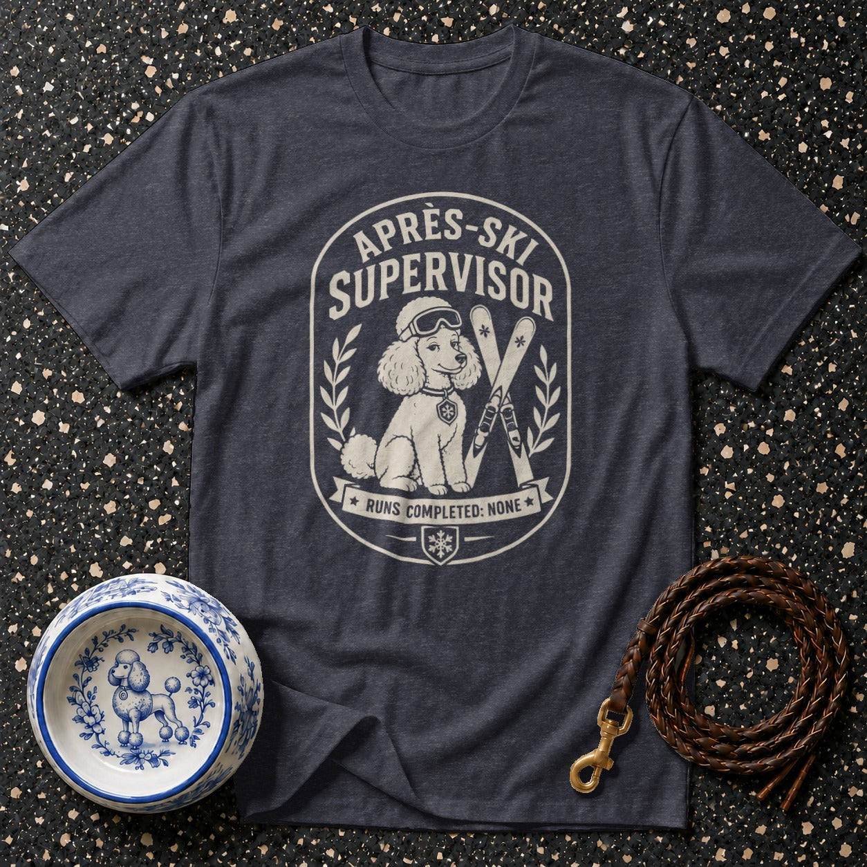 Dark grey t-shirt with "Aprés-Ski Supervisor" graphic featuring a poodle with skis.