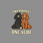 Two poodles, one black and one brown, sit with a spilled treat container.