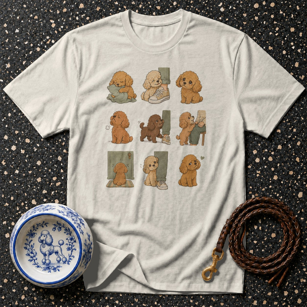 T-shirt with nine cartoon poodle illustrations and a decorative dog bowl.