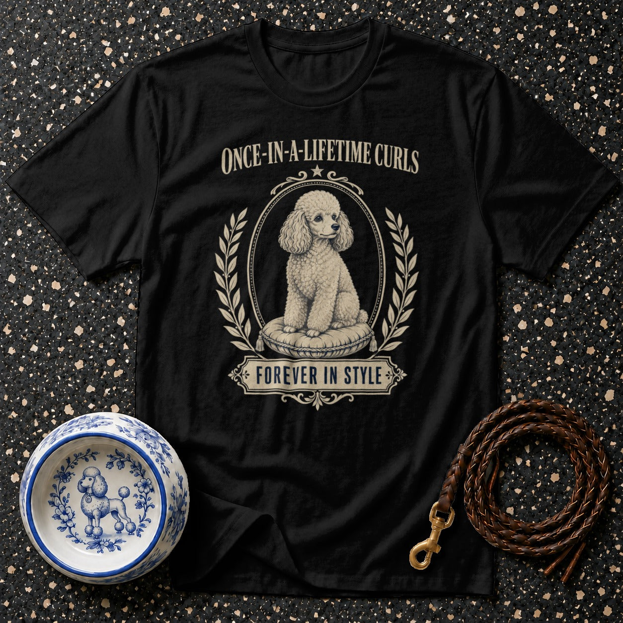 Black t-shirt with poodle graphic saying "Once-in-a-Lifetime Curls Forever in Style".