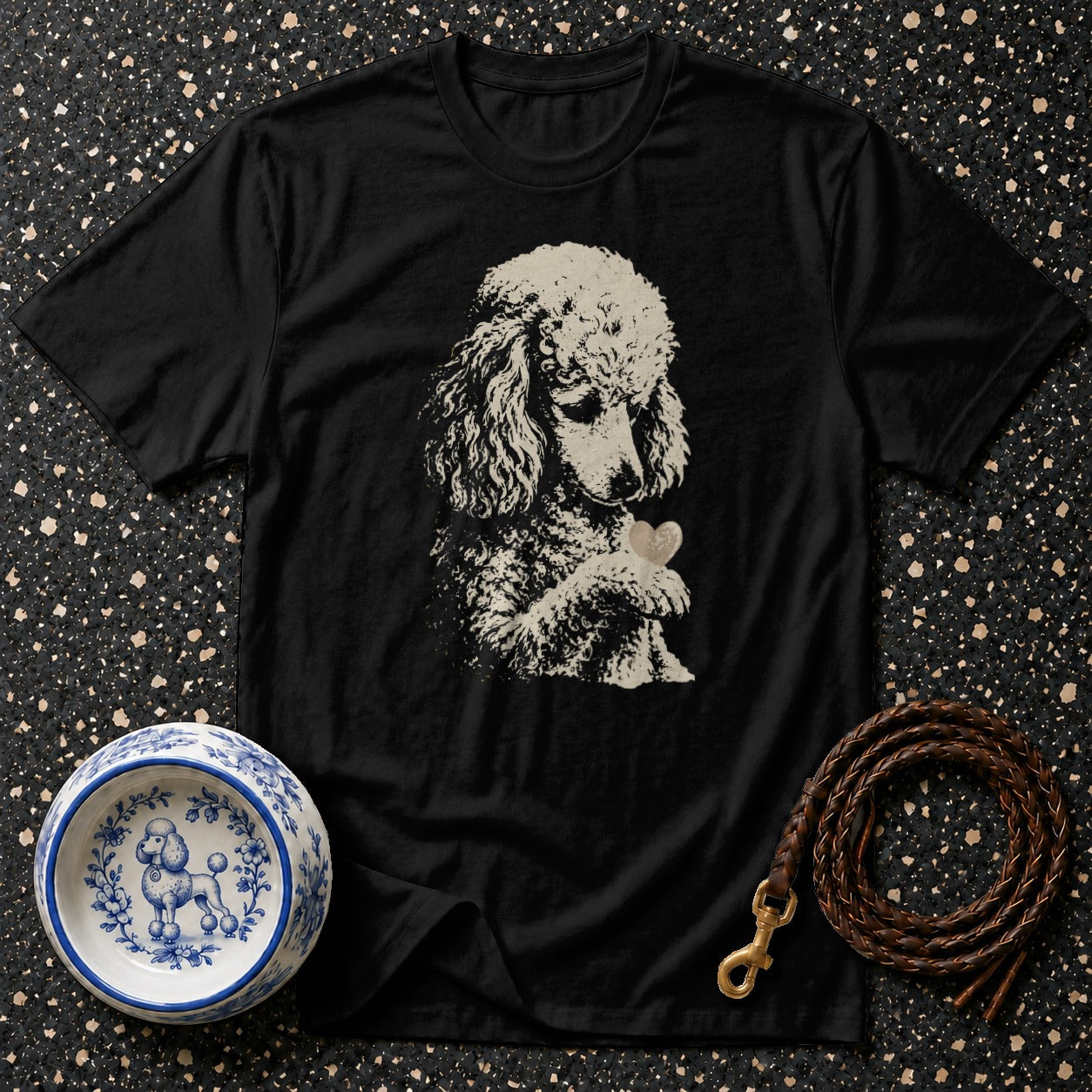 Black t-shirt with poodle holding a heart and a decorative poodle dog bowl.
